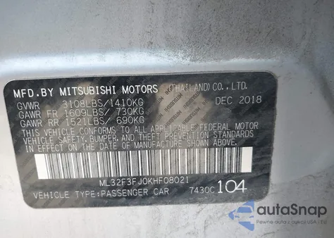 2019 Mitsubishi Mirage G4 Es from USA, damaged, VIN ML32F3FJ0KHF08021